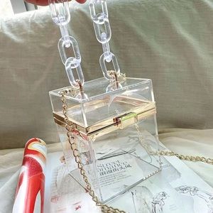 Box Acrylic Clear Clutch Purse w/ Gold Chain Strap